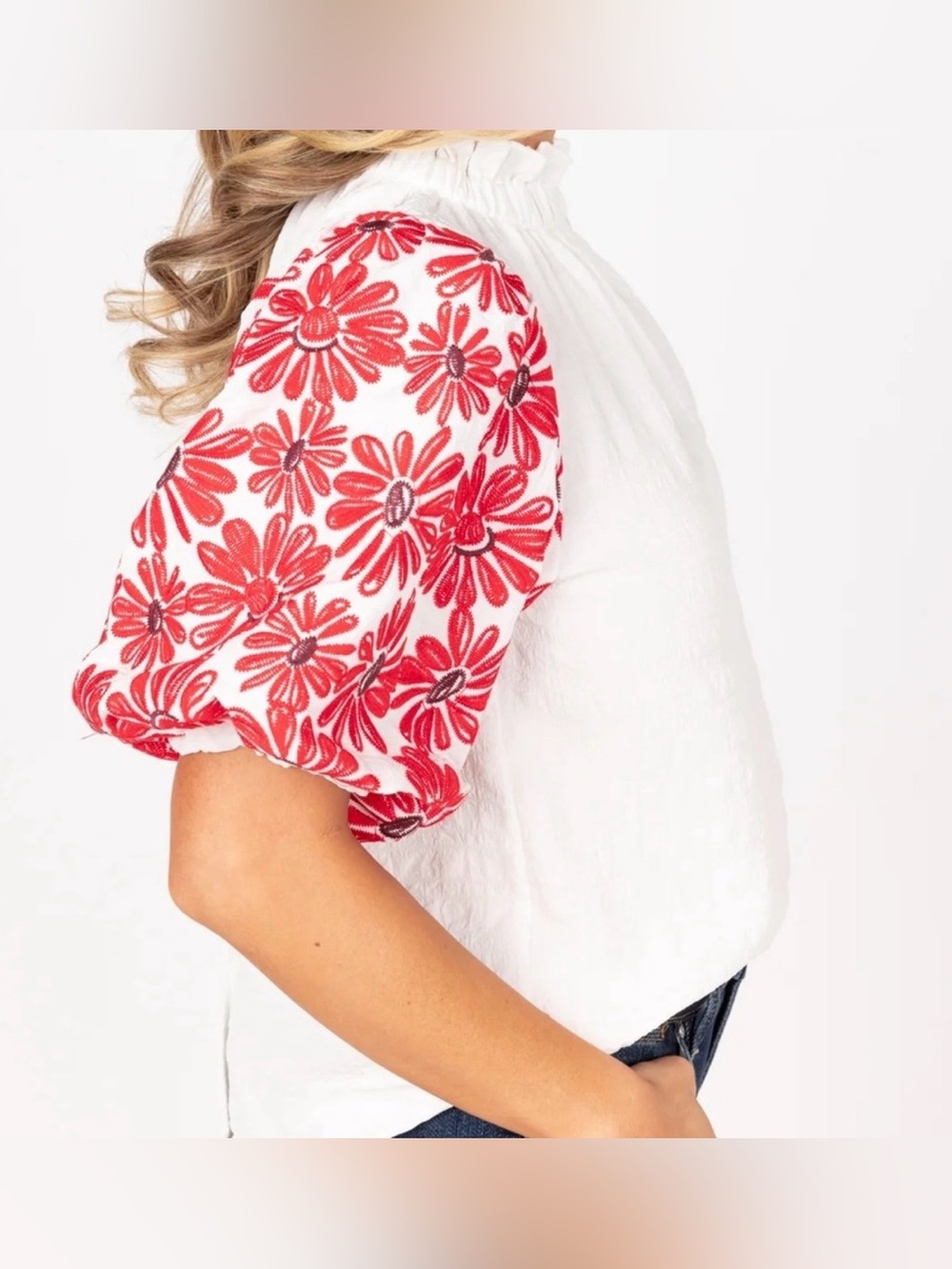 THML Ruffle Collar Puff Sleeve Floral Embroidered Blouse White and Red Size M - Picture 2 of 7